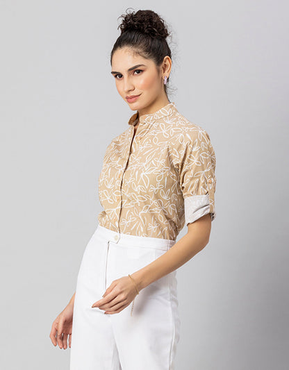 Printed Cotton Shirt, Mandarin Collar