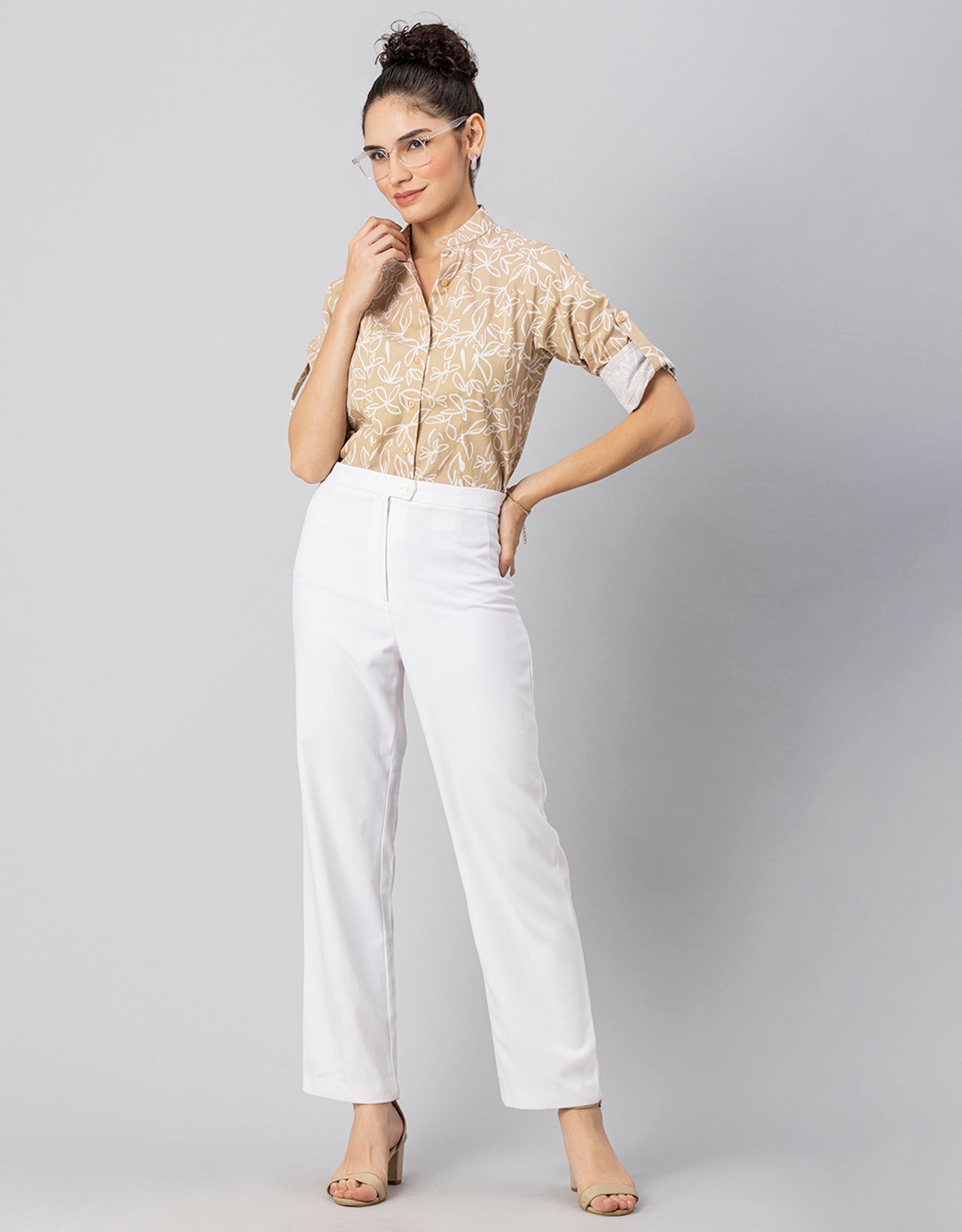 Printed Cotton Shirt, Mandarin Collar