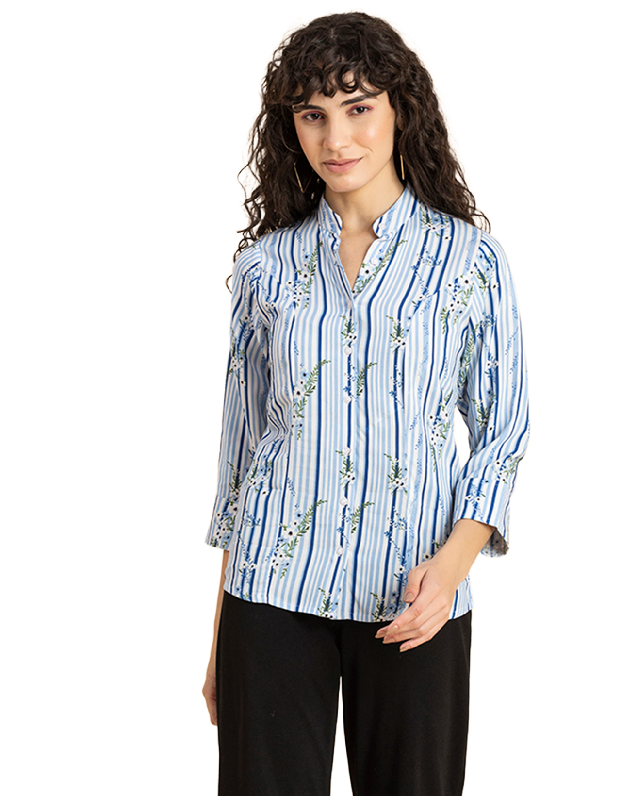 Printed Cotton Shirt, Mandarin Collar