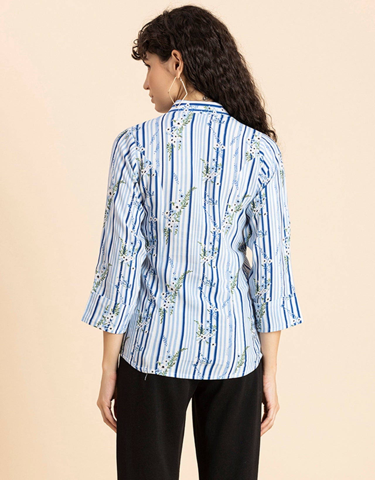 Printed Cotton Shirt, Mandarin Collar