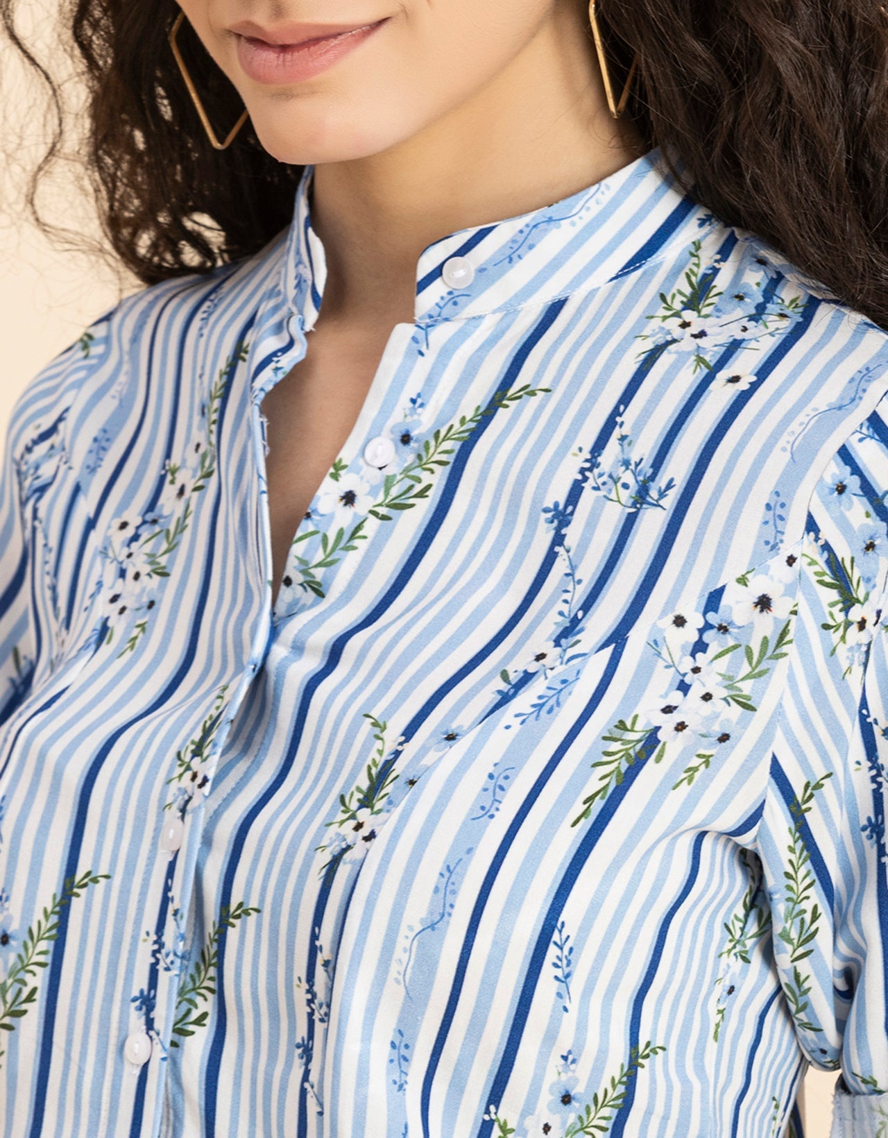 Printed Cotton Shirt, Mandarin Collar