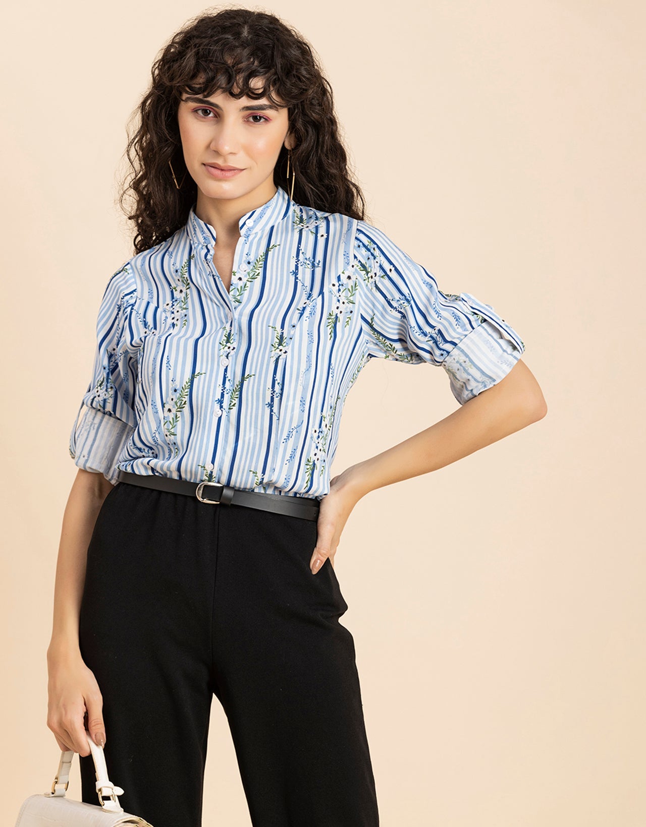 Printed Cotton Shirt, Mandarin Collar