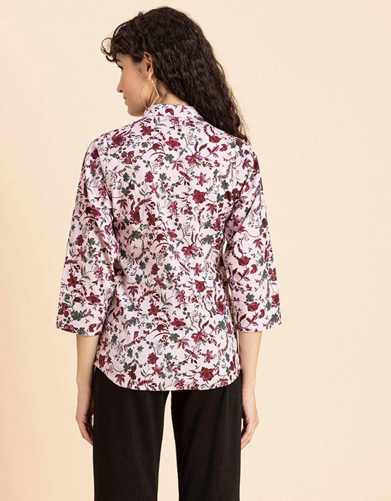 Printed Cotton Shirt, Mandarin Collar