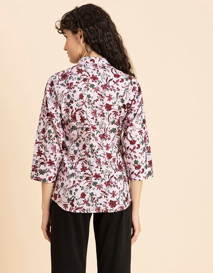 Printed Cotton Shirt, Mandarin Collar