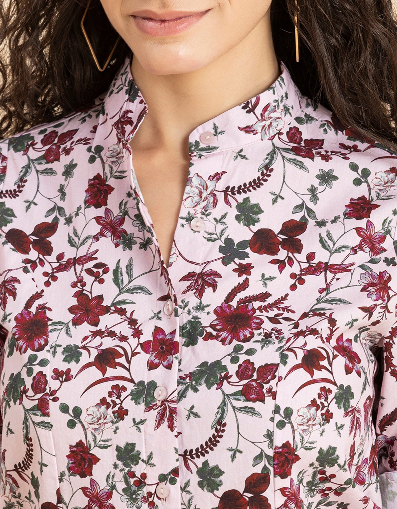 Printed Cotton Shirt, Mandarin Collar