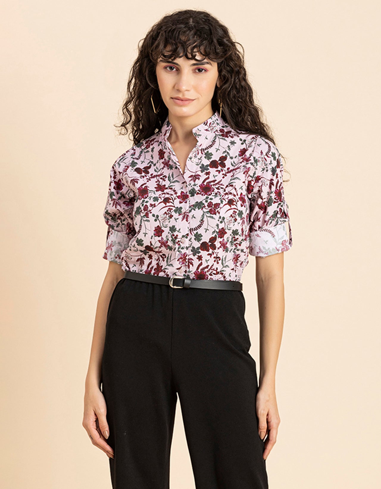 Printed Cotton Shirt, Mandarin Collar
