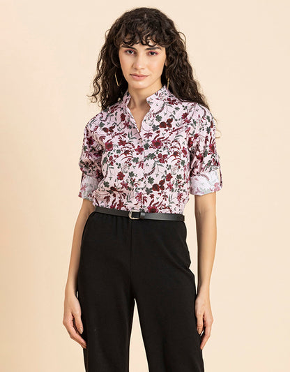 Printed Cotton Shirt, Mandarin Collar