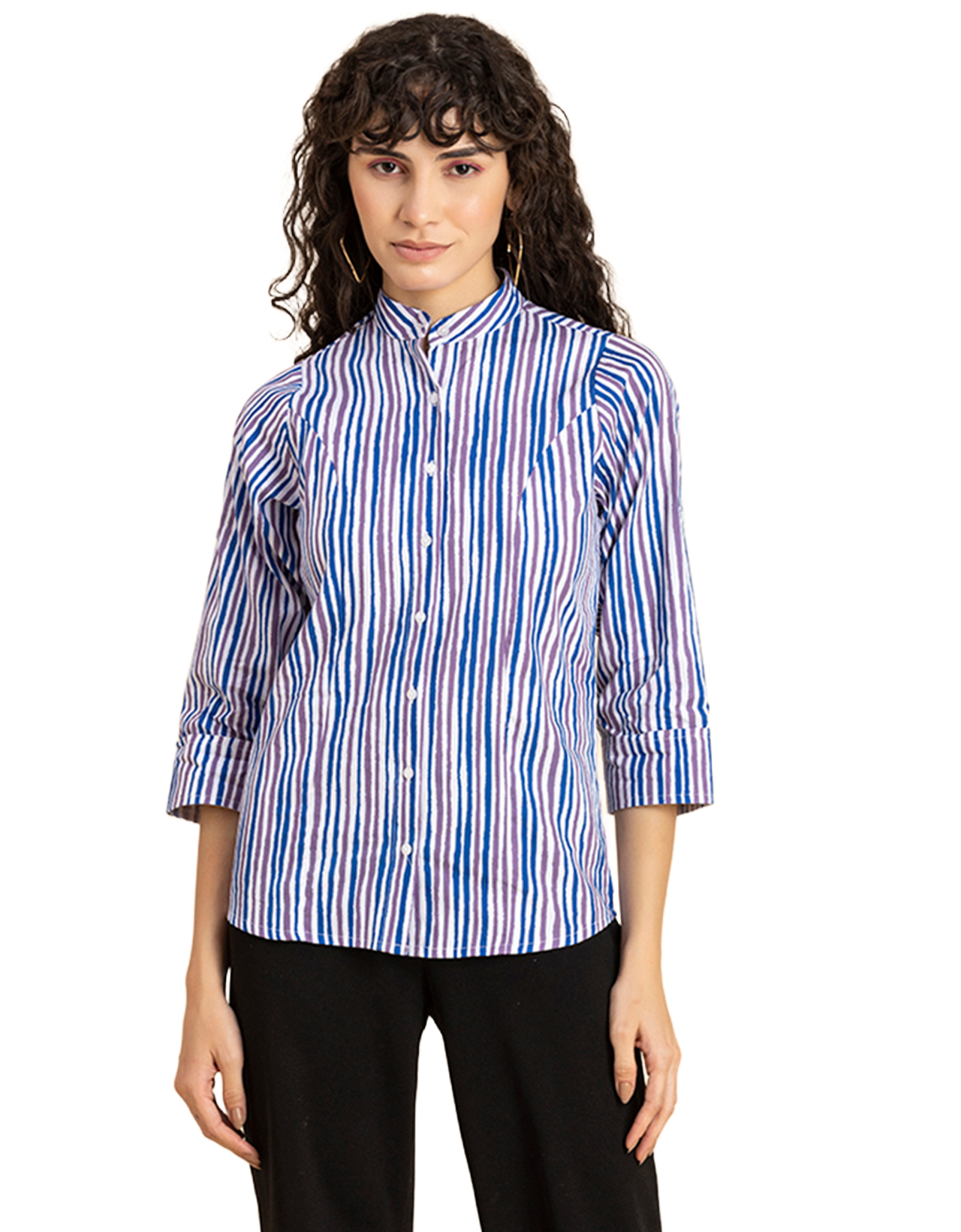 Printed Cotton Shirt, Mandarin Collar