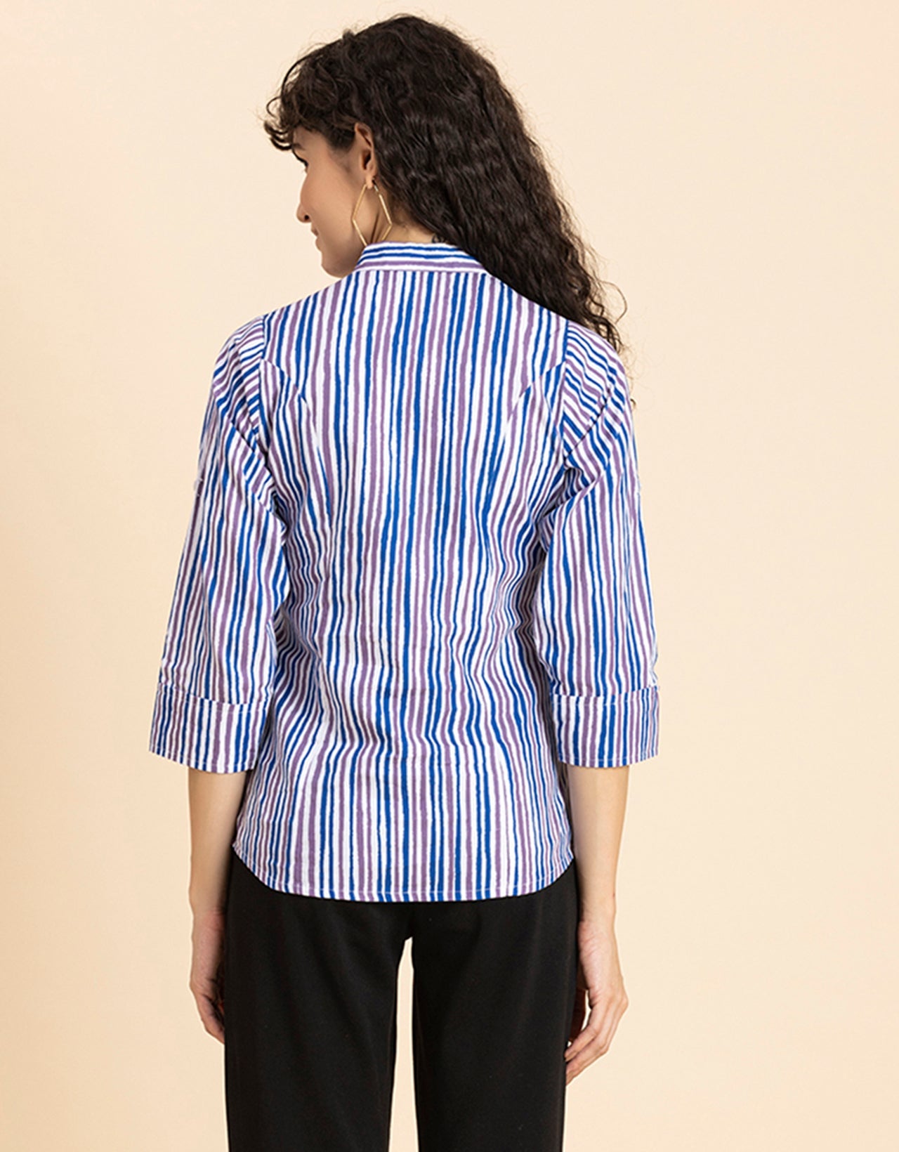 Printed Cotton Shirt, Mandarin Collar