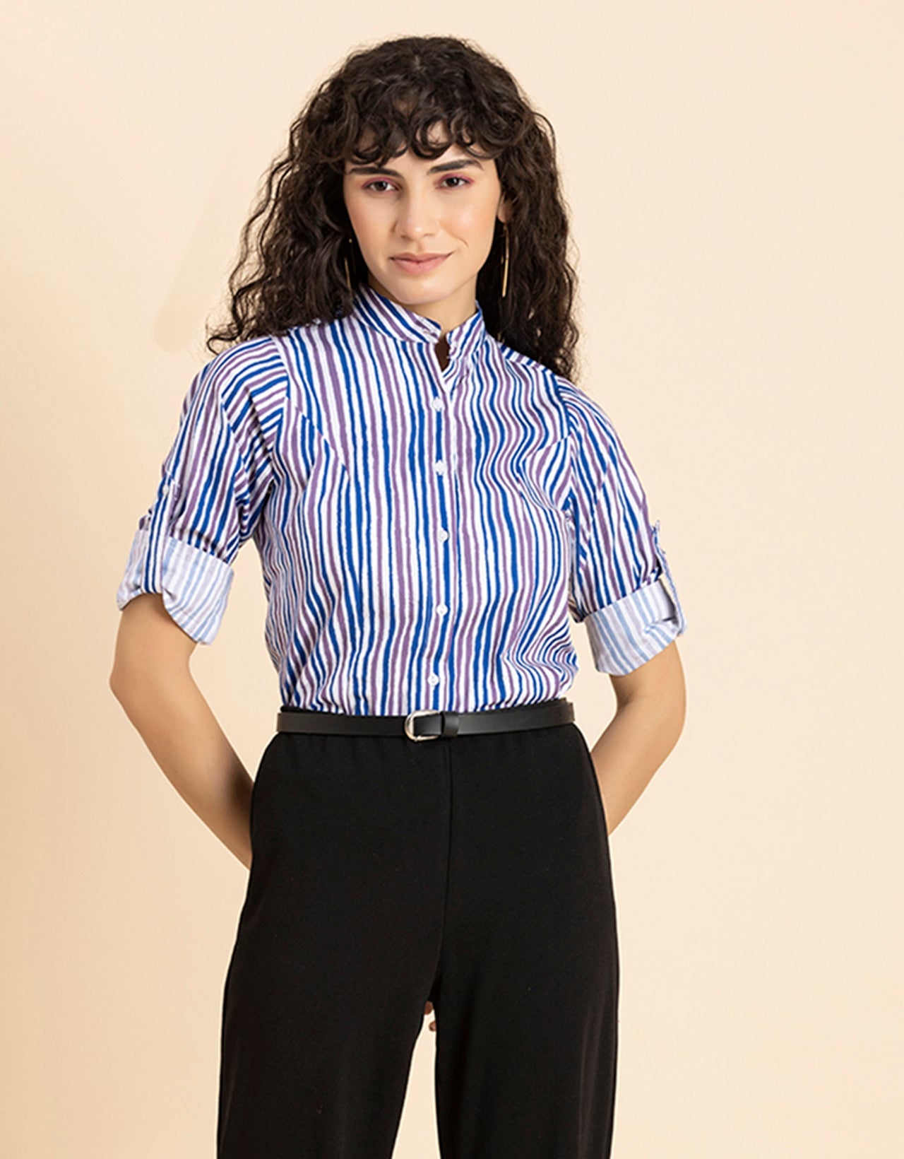 Printed Cotton Shirt, Mandarin Collar