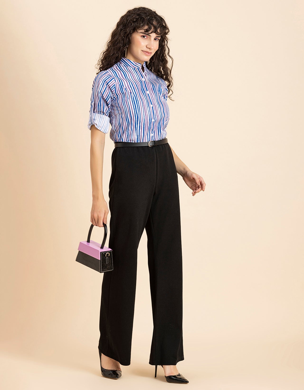 Printed Cotton Shirt, Mandarin Collar