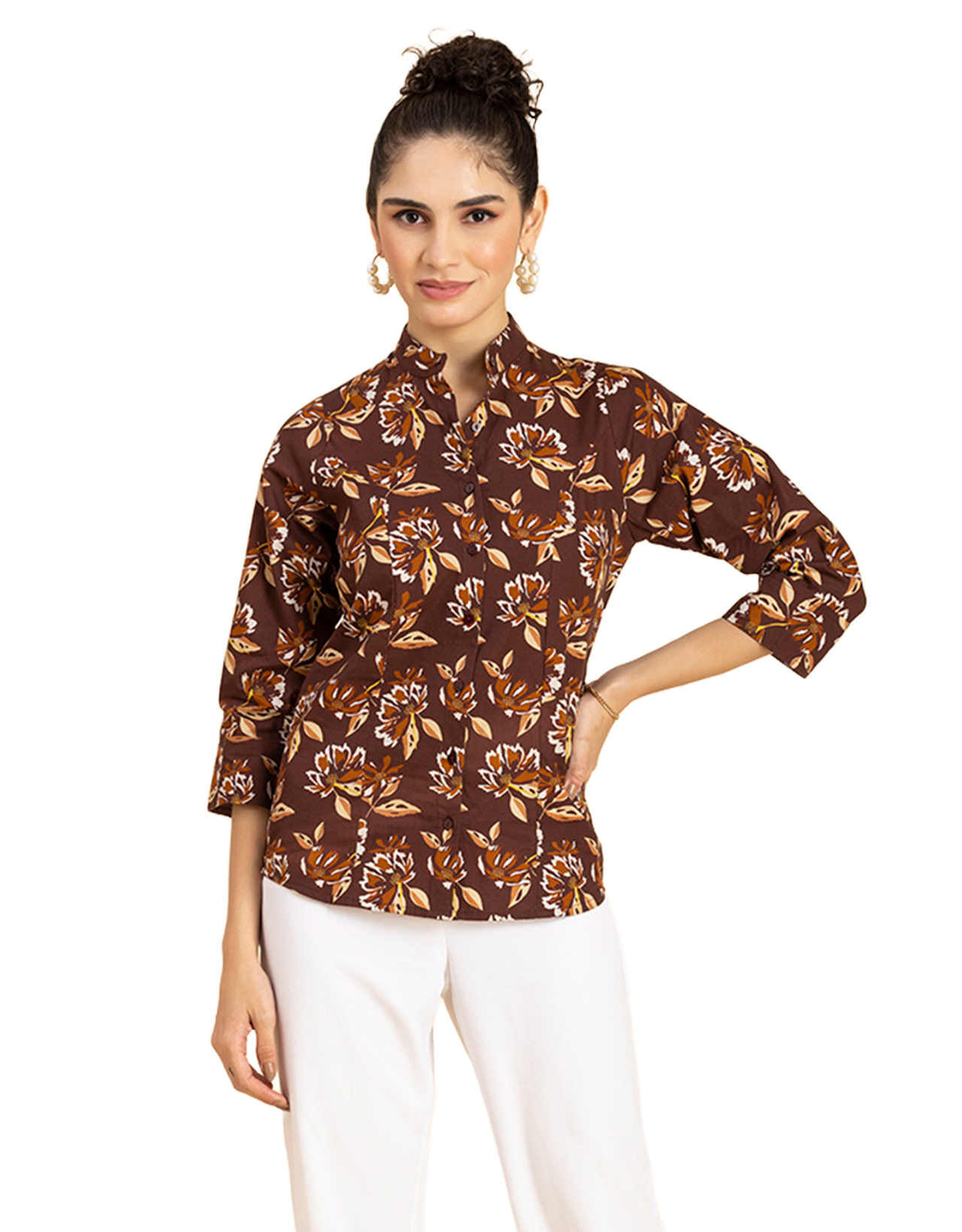 Printed Cotton Shirt, Mandarin Collar