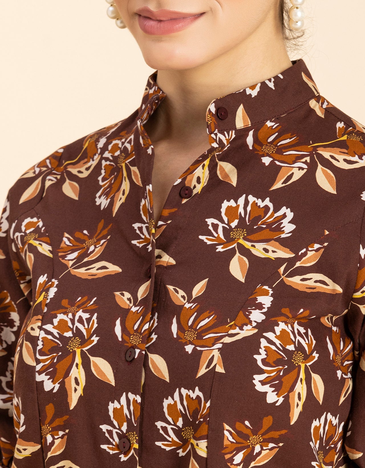 Printed Cotton Shirt, Mandarin Collar