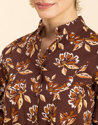 Printed Cotton Shirt, Mandarin Collar