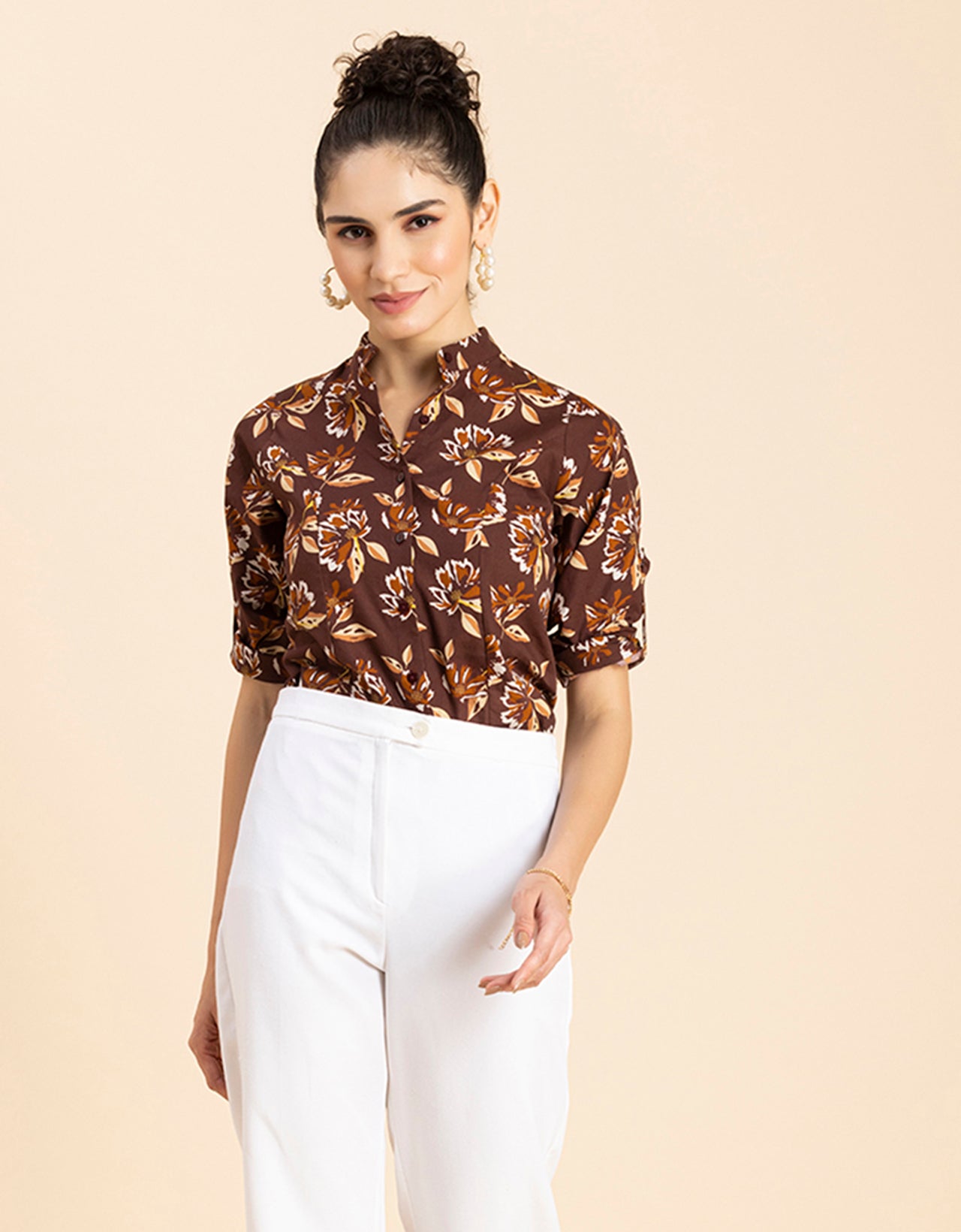 Printed Cotton Shirt, Mandarin Collar