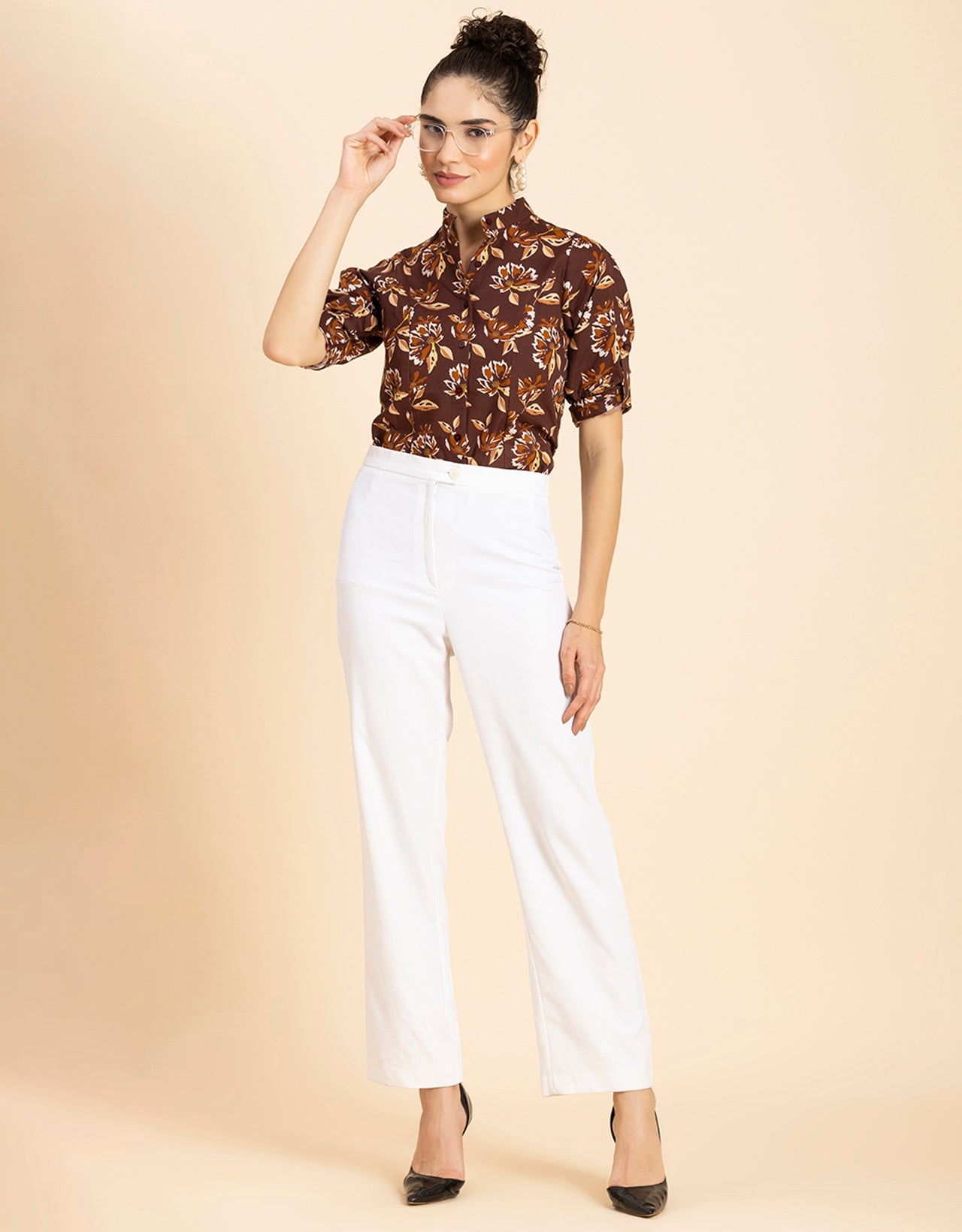 Printed Cotton Shirt, Mandarin Collar