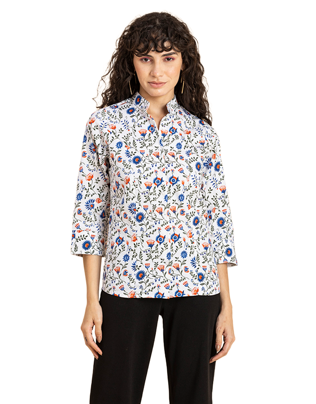 Printed Cotton Shirt, Mandarin Collar