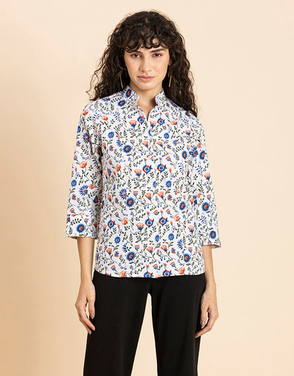 Printed Cotton Shirt, Mandarin Collar