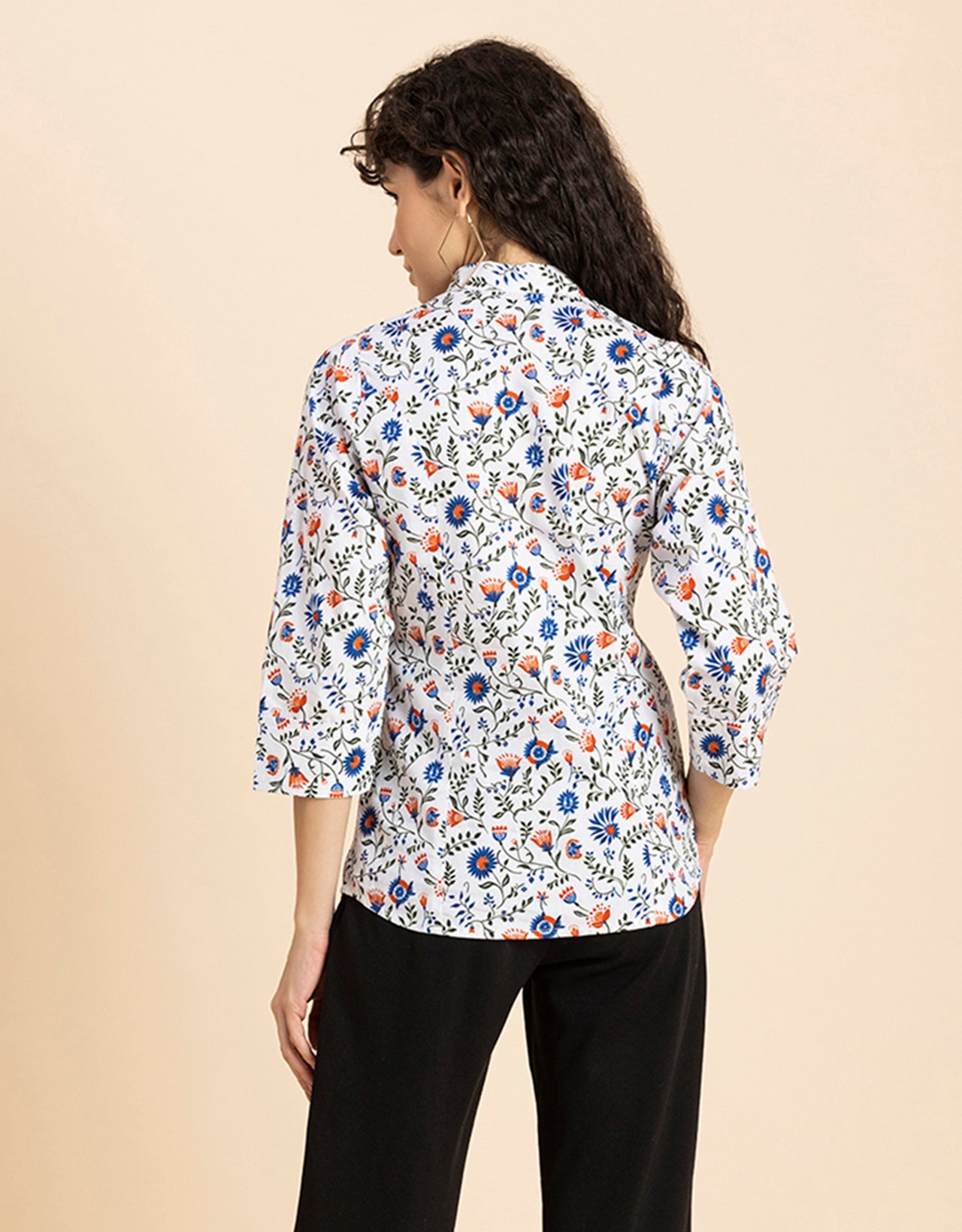 Printed Cotton Shirt, Mandarin Collar