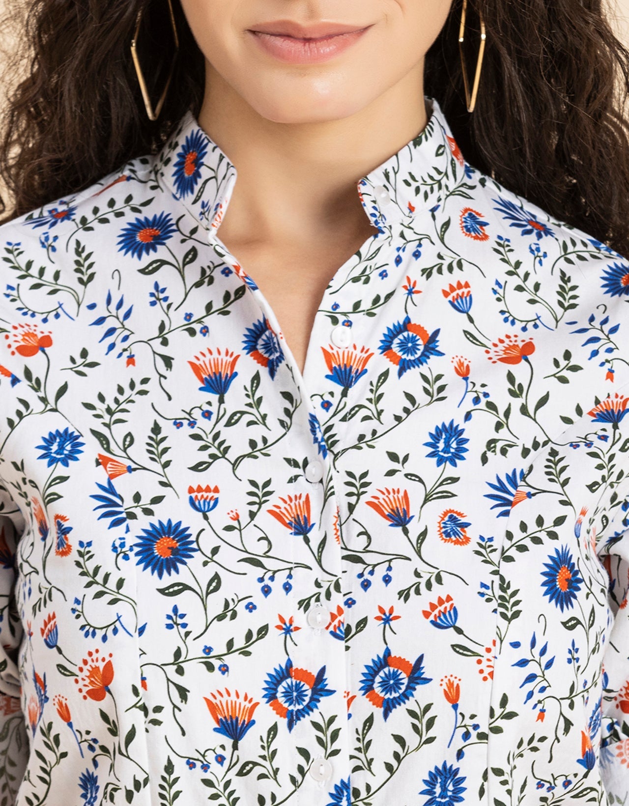 Printed Cotton Shirt, Mandarin Collar