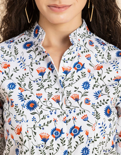 Printed Cotton Shirt, Mandarin Collar