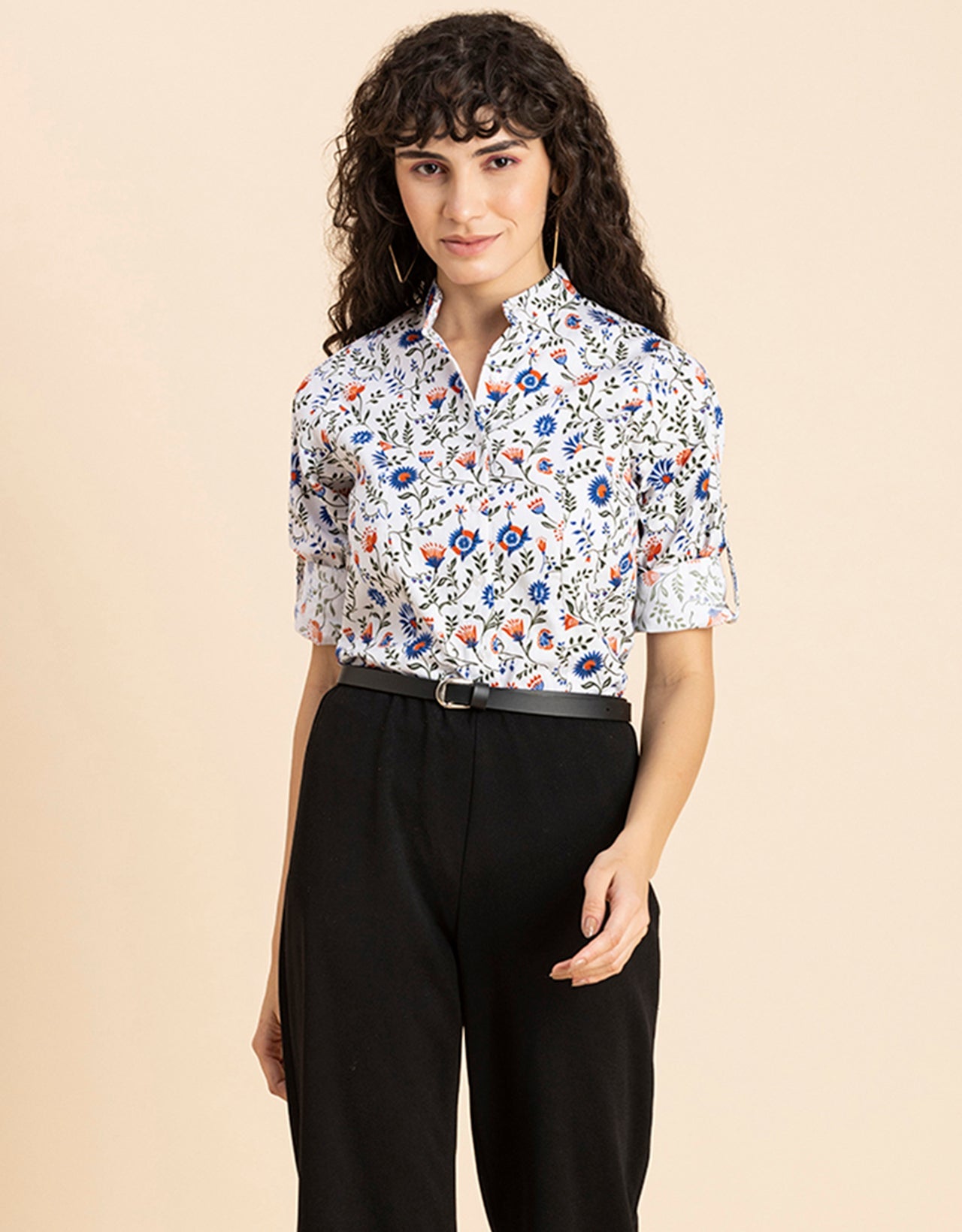Printed Cotton Shirt, Mandarin Collar