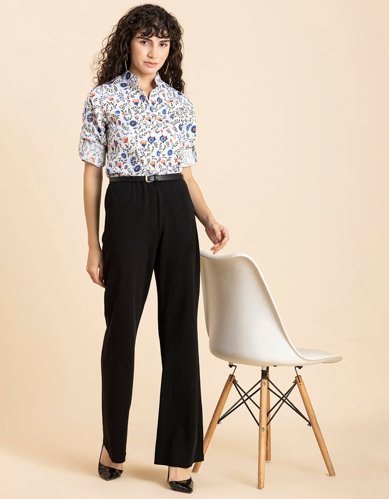 Printed Cotton Shirt, Mandarin Collar