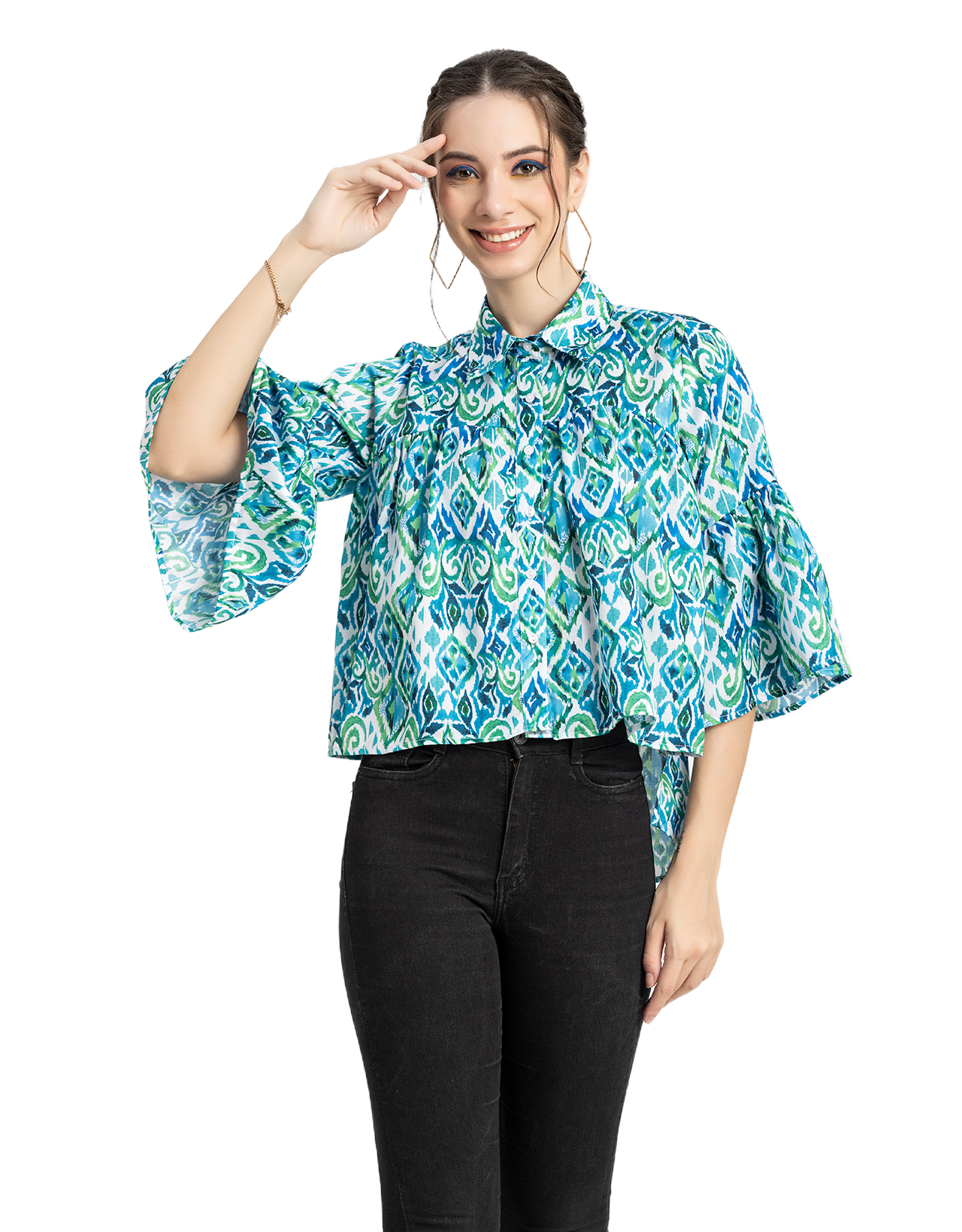 Printed Peplum Shirt, Bell Sleeve
