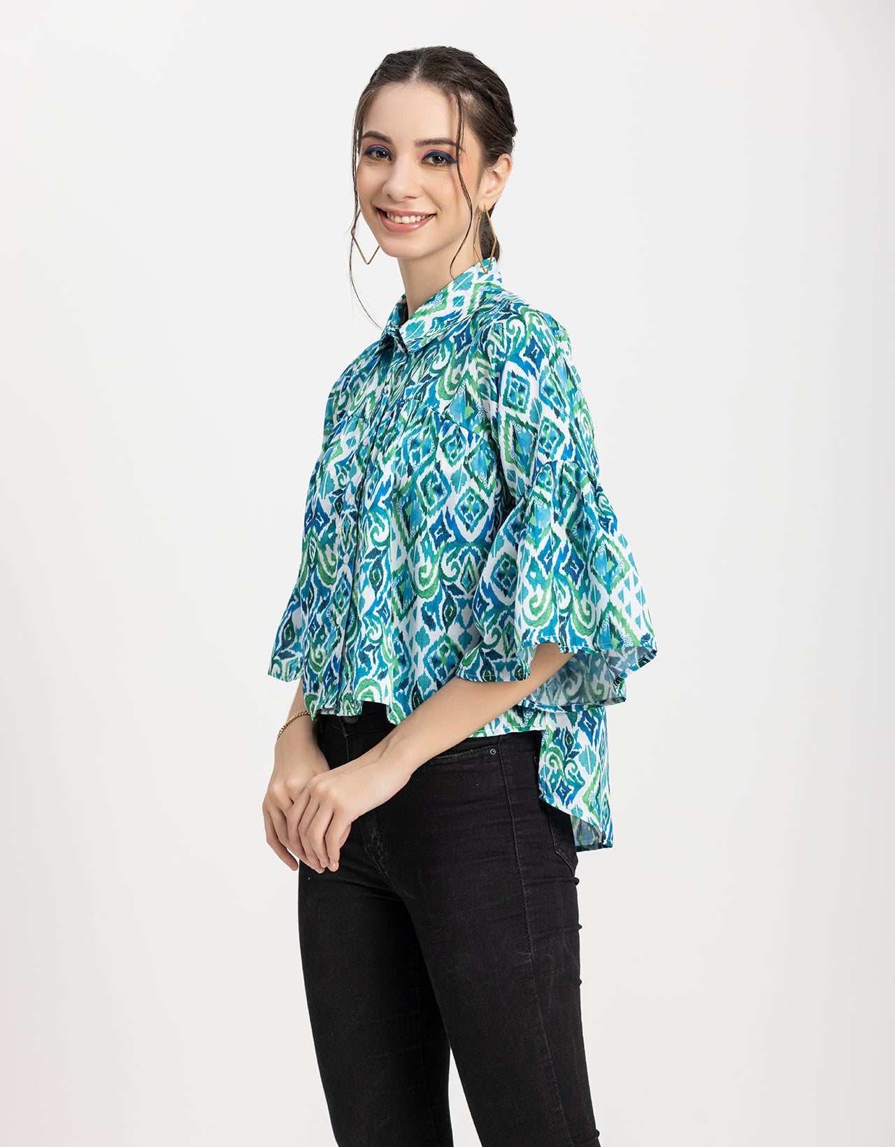 Printed Peplum Shirt, Bell Sleeve