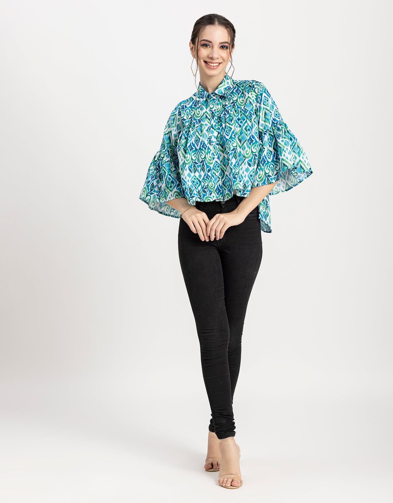 Printed Peplum Shirt, Bell Sleeve