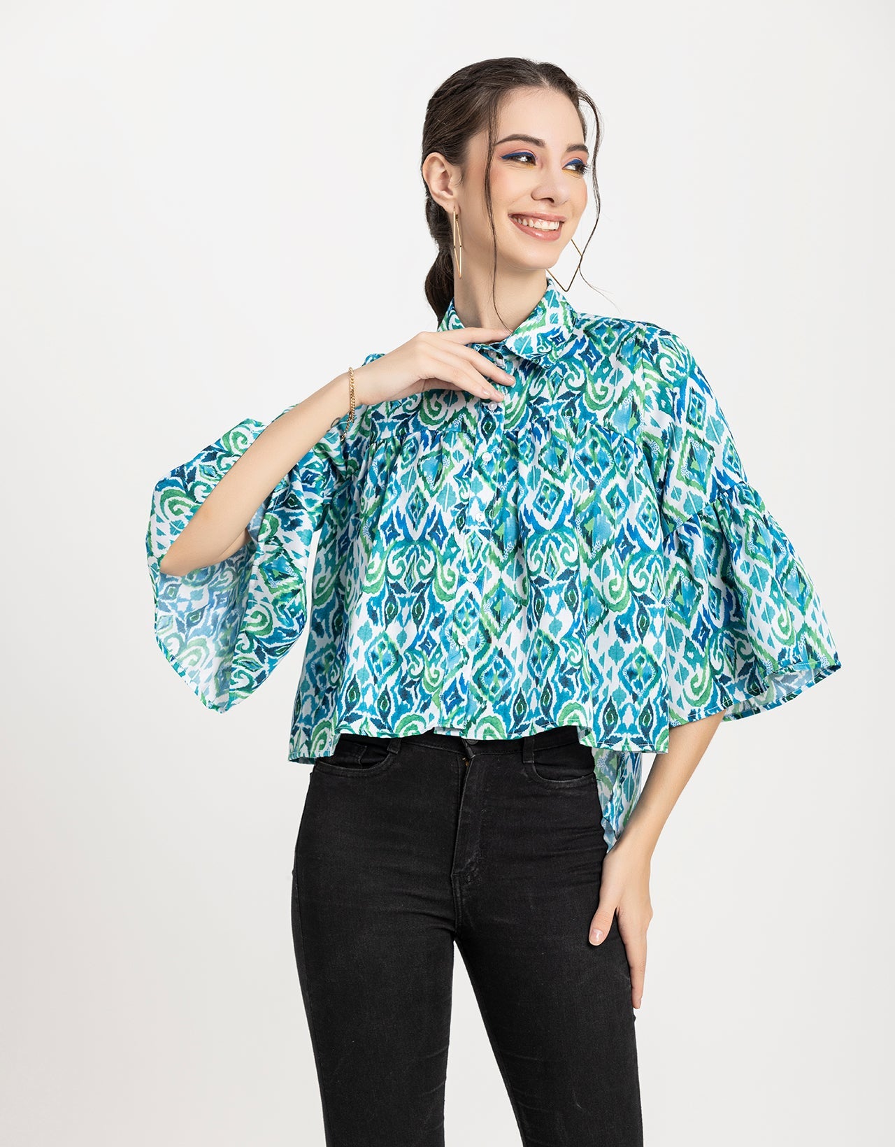 Printed Peplum Shirt, Bell Sleeve