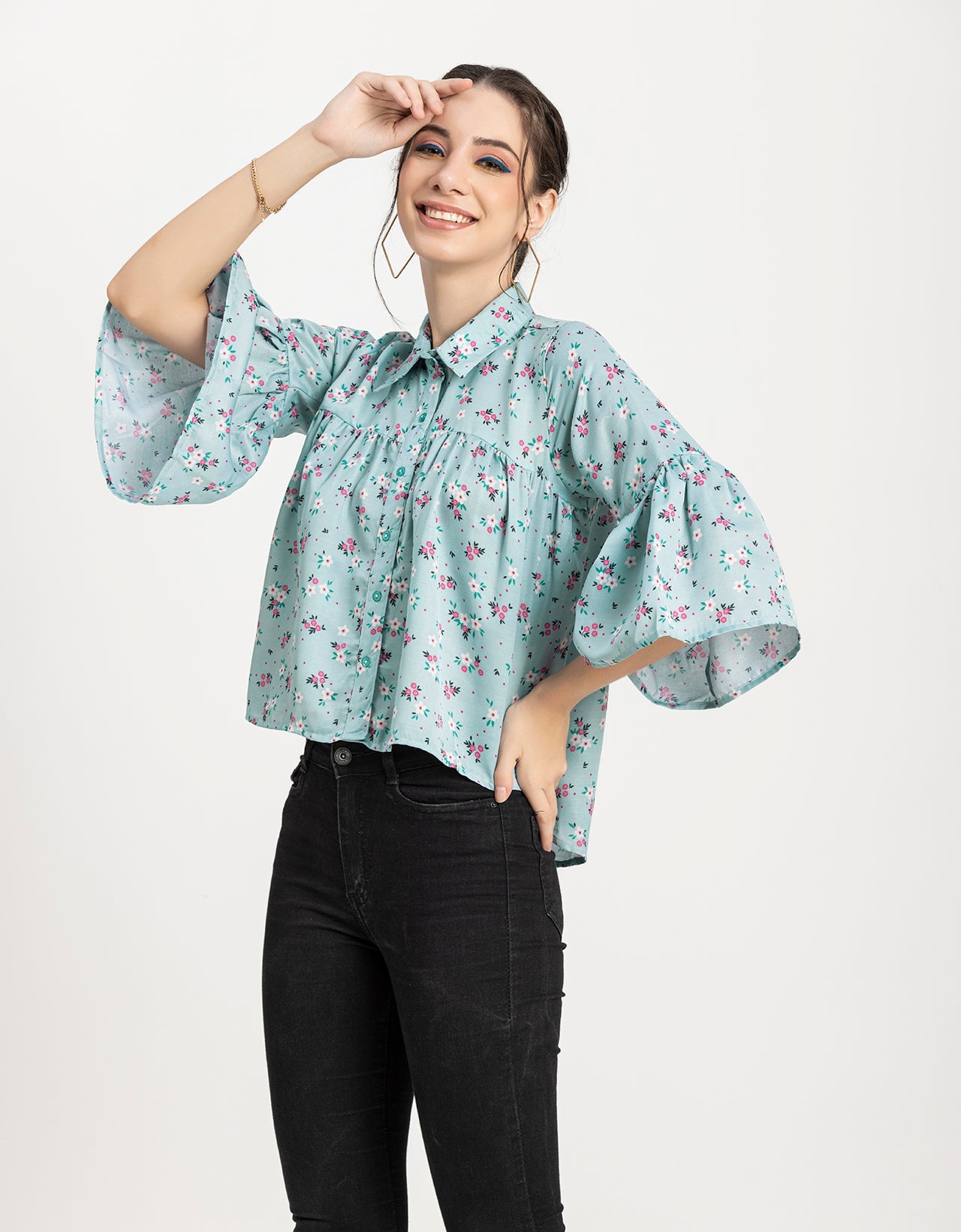 Printed Peplum Shirt, Bell Sleeve
