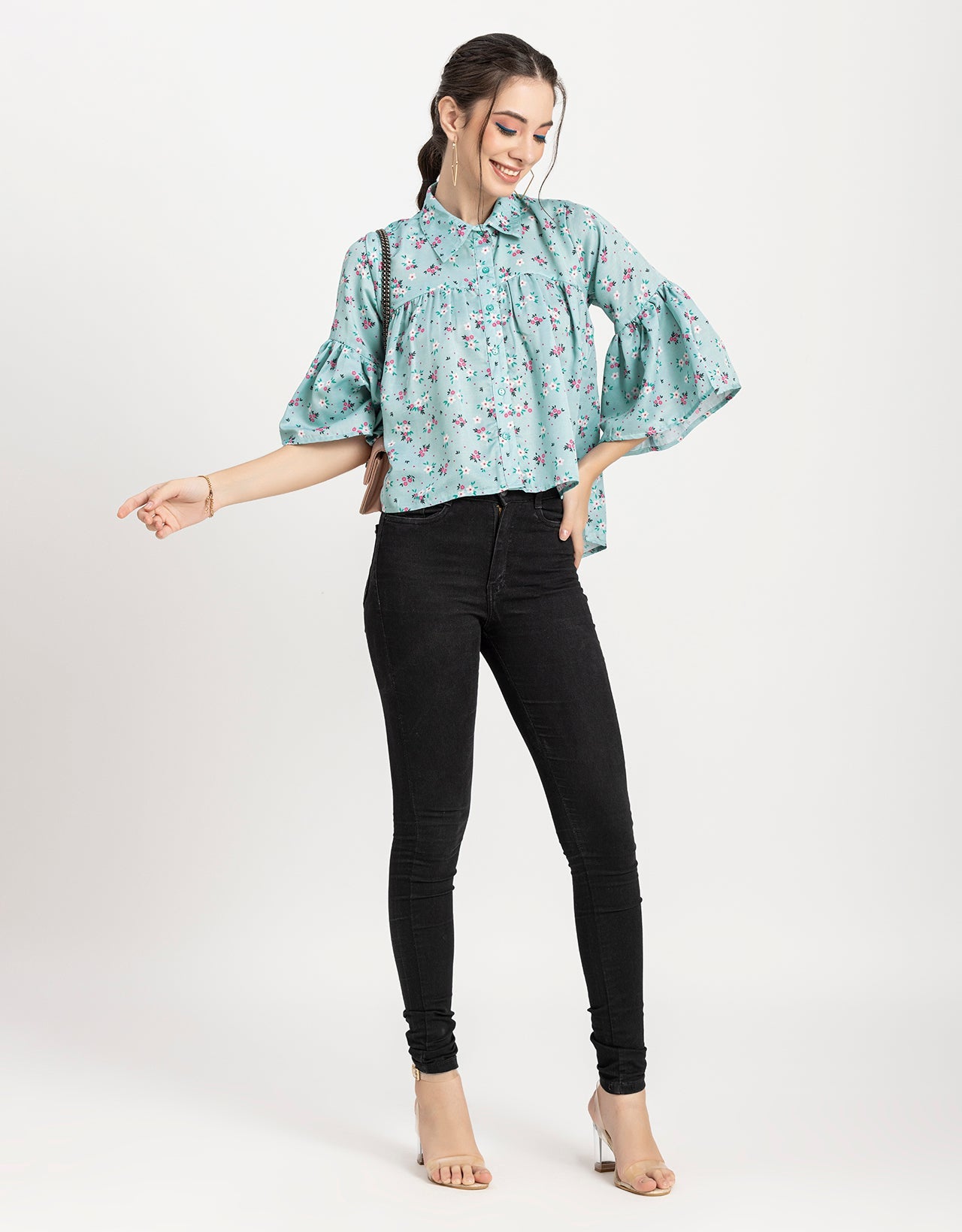 Printed Peplum Shirt, Bell Sleeve