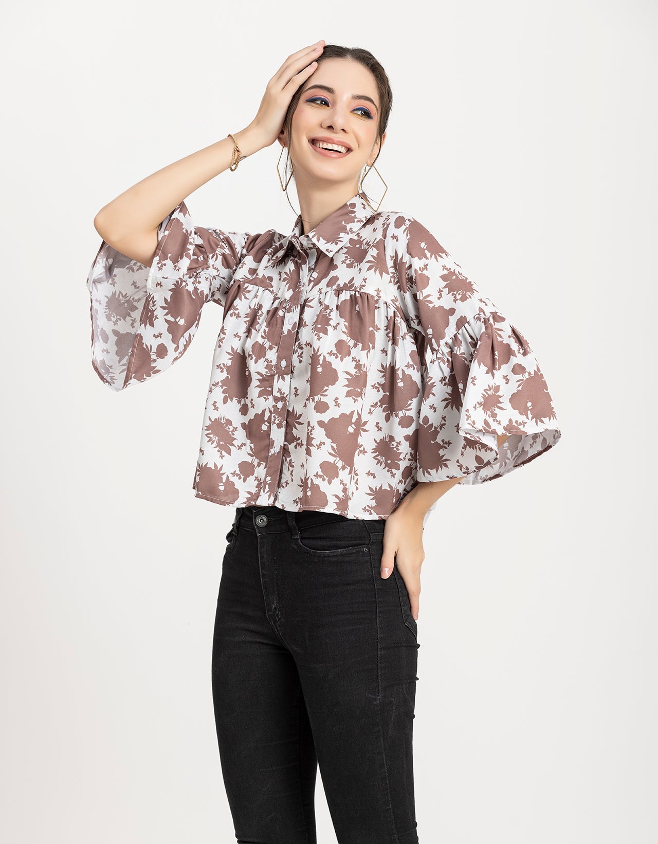 Printed Peplum Shirt, Bell Sleeve