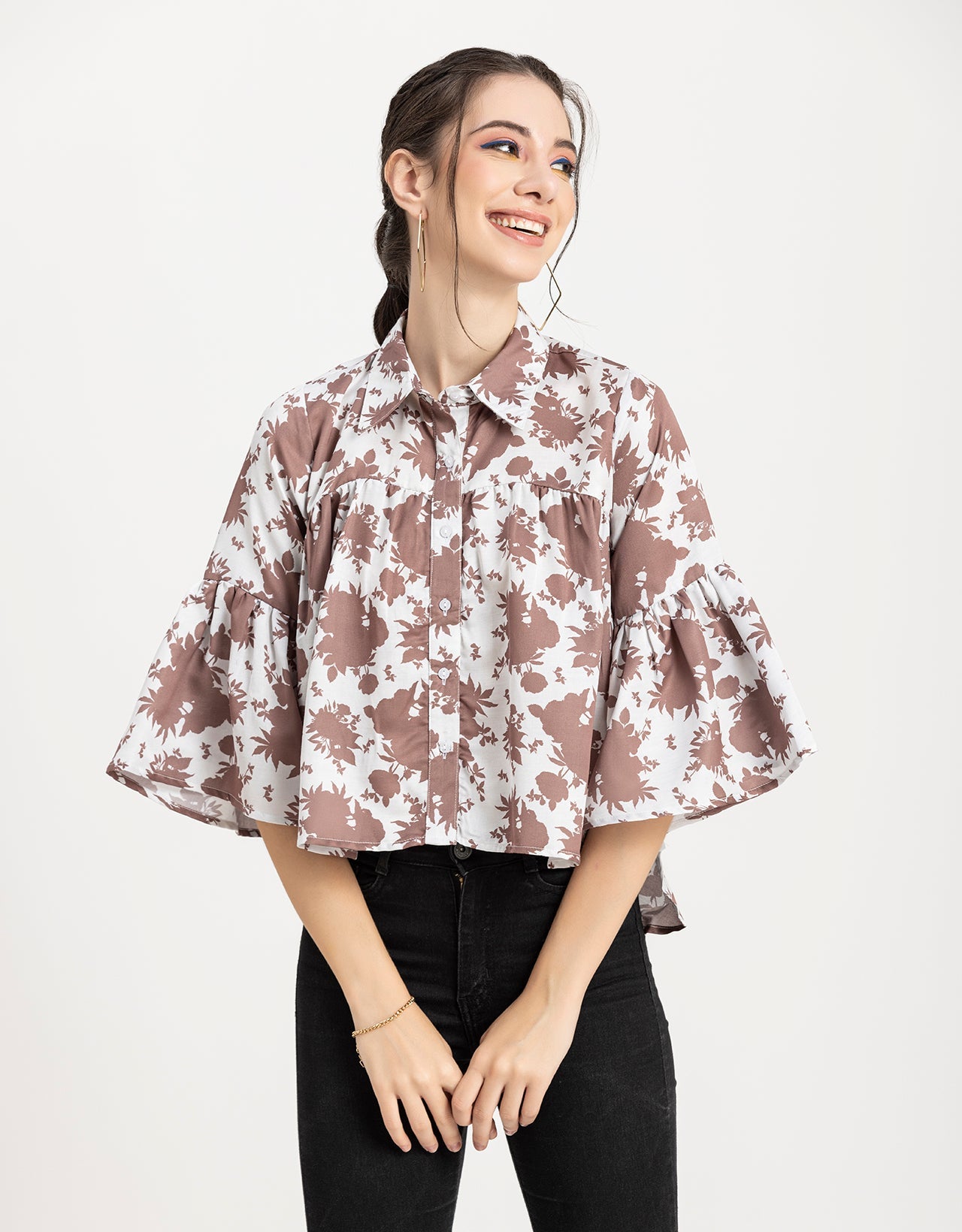 Printed Peplum Shirt, Bell Sleeve