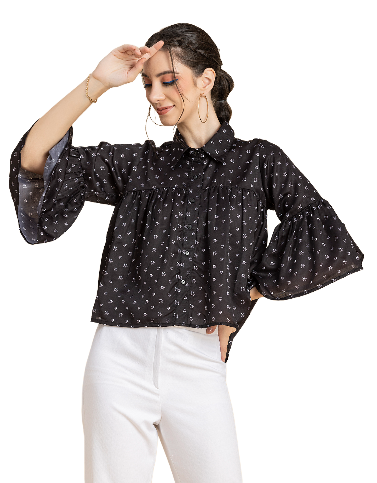 Printed Peplum Shirt, Bell Sleeve