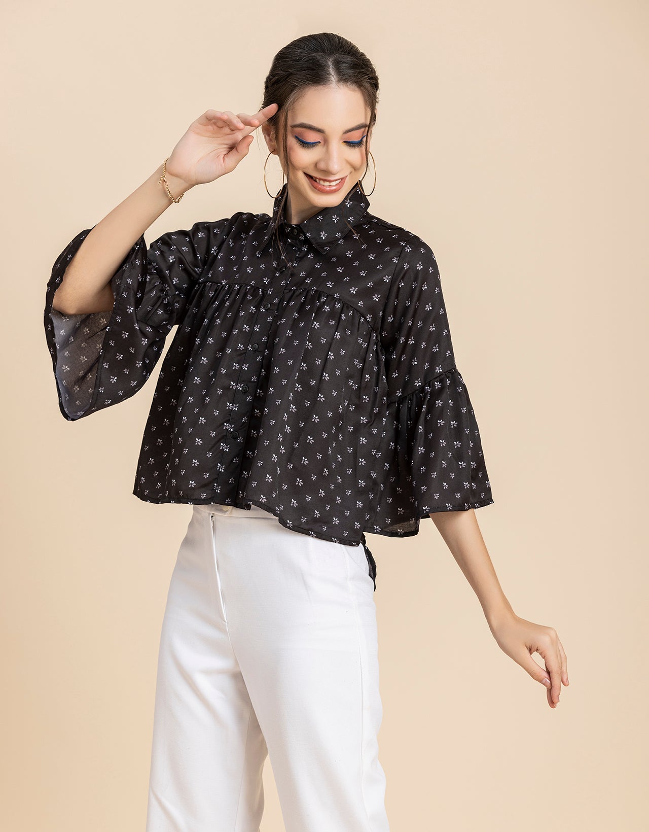 Printed Peplum Shirt, Bell Sleeve
