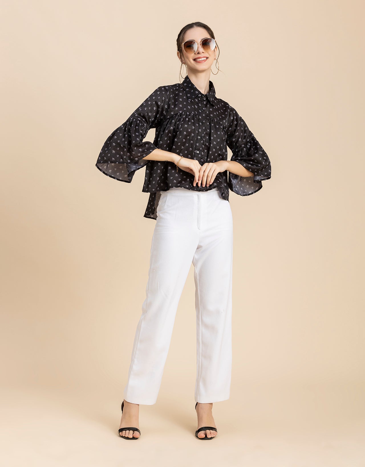 Printed Peplum Shirt, Bell Sleeve