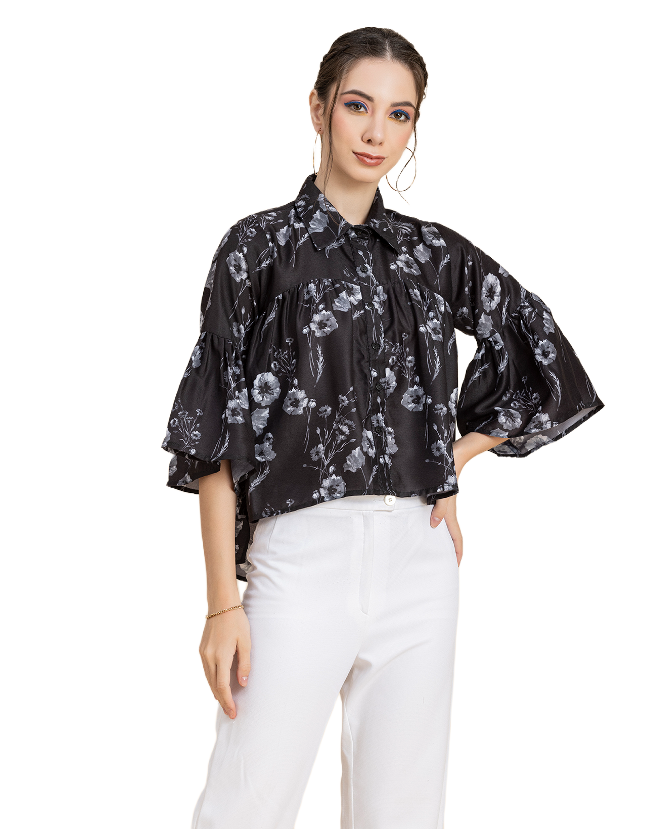 Printed Peplum Shirt, Bell Sleeve