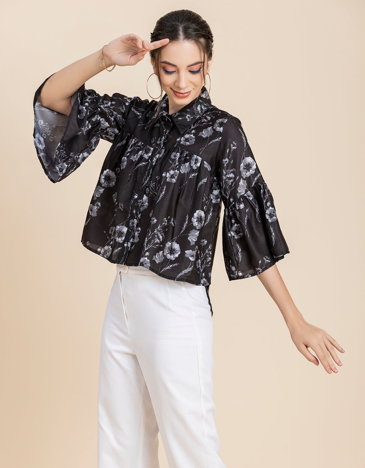 Printed Peplum Shirt, Bell Sleeve
