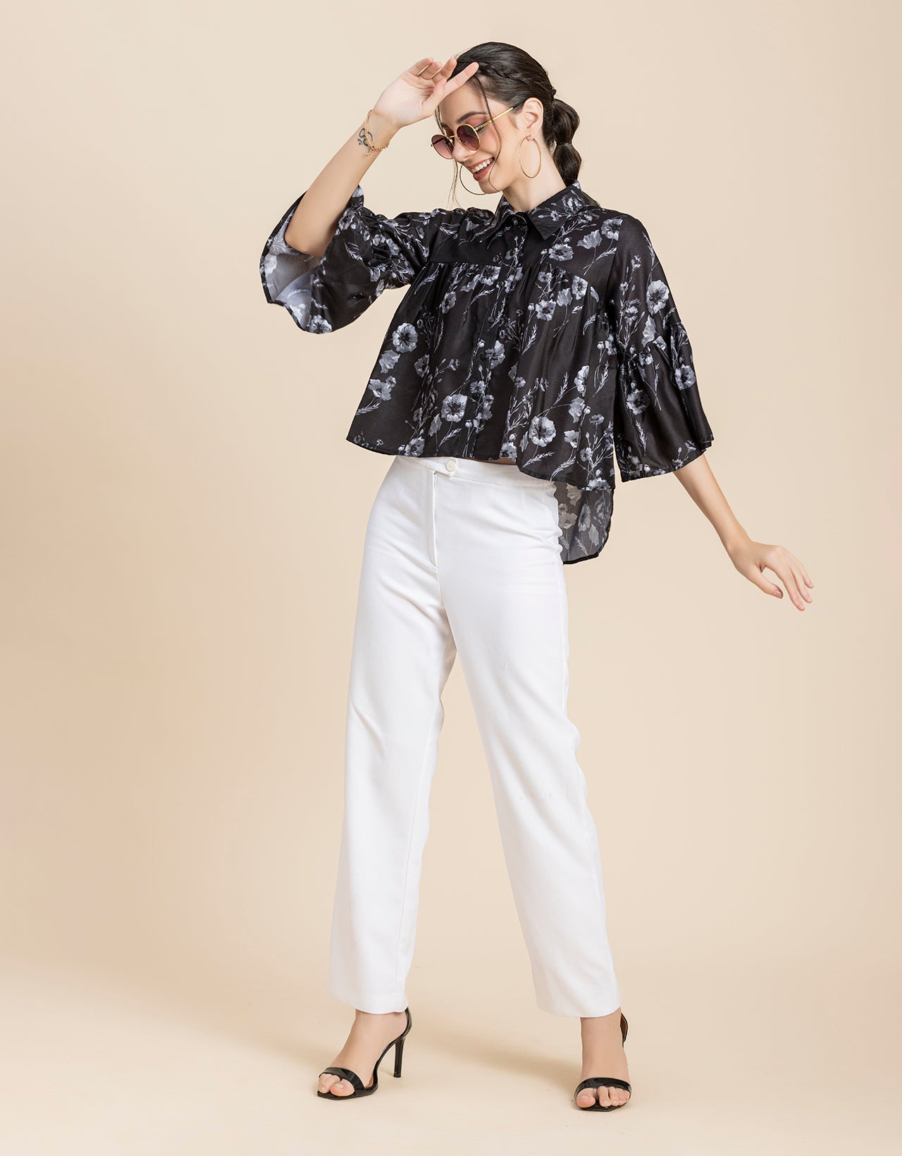 Printed Peplum Shirt, Bell Sleeve