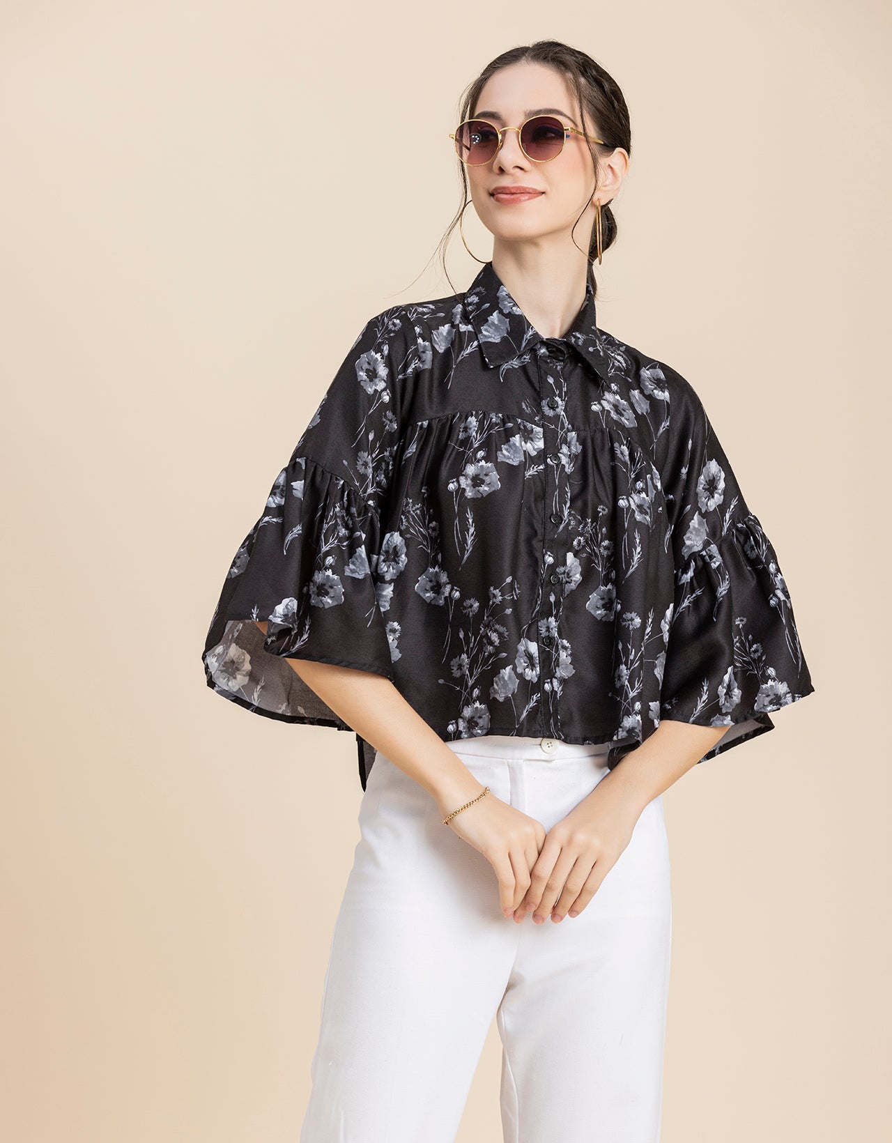 Printed Peplum Shirt, Bell Sleeve