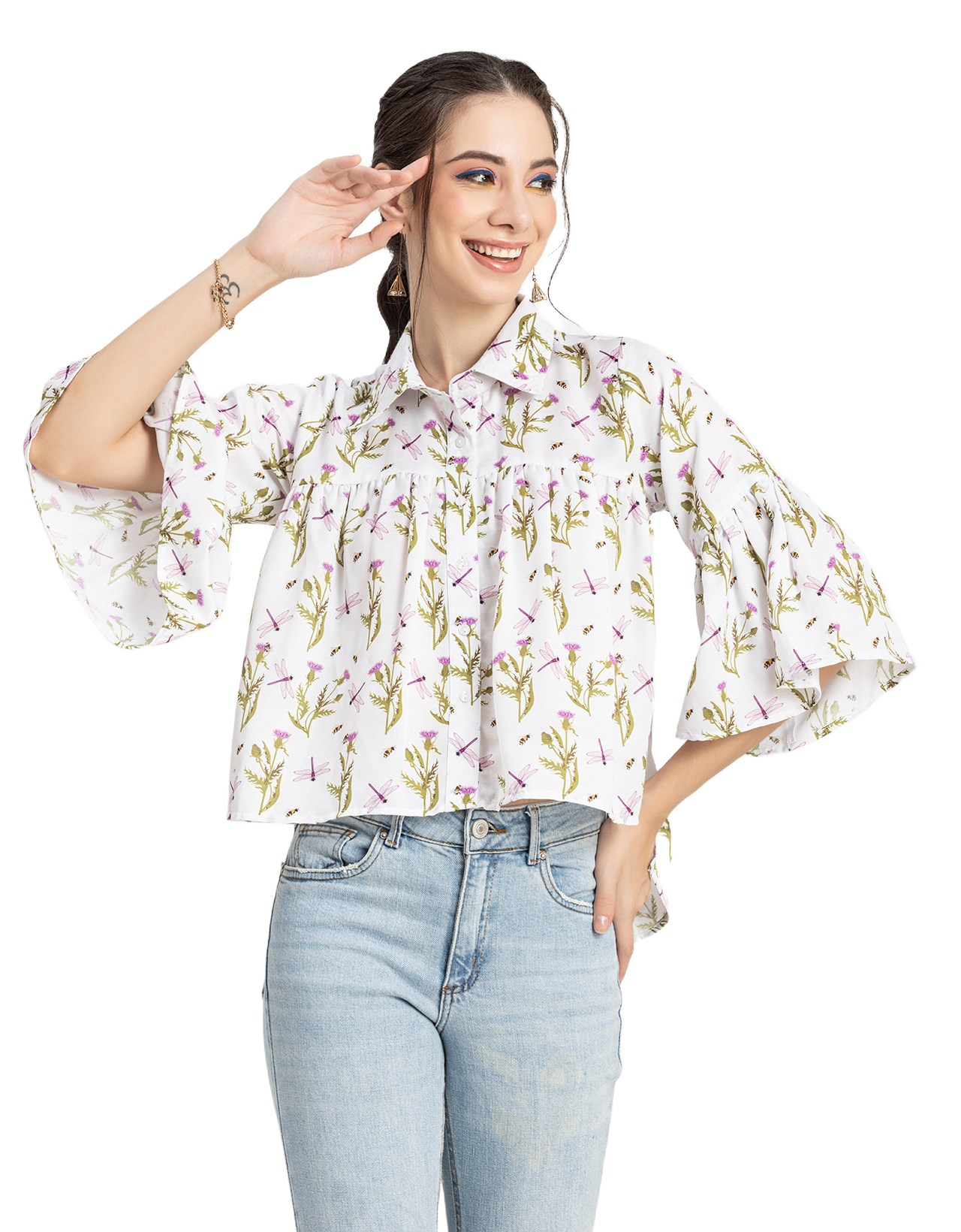 Printed Peplum Shirt, Bell Sleeve