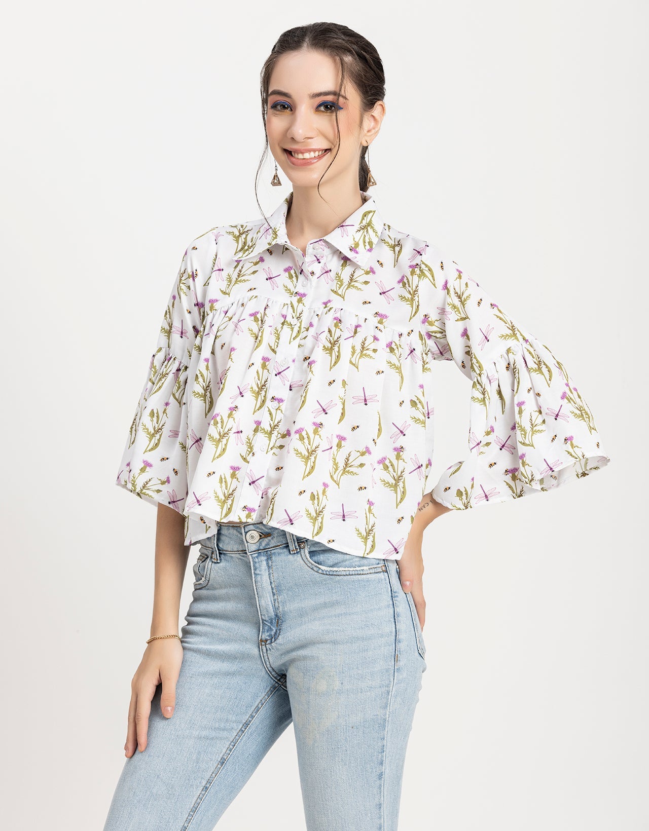 Printed Peplum Shirt, Bell Sleeve