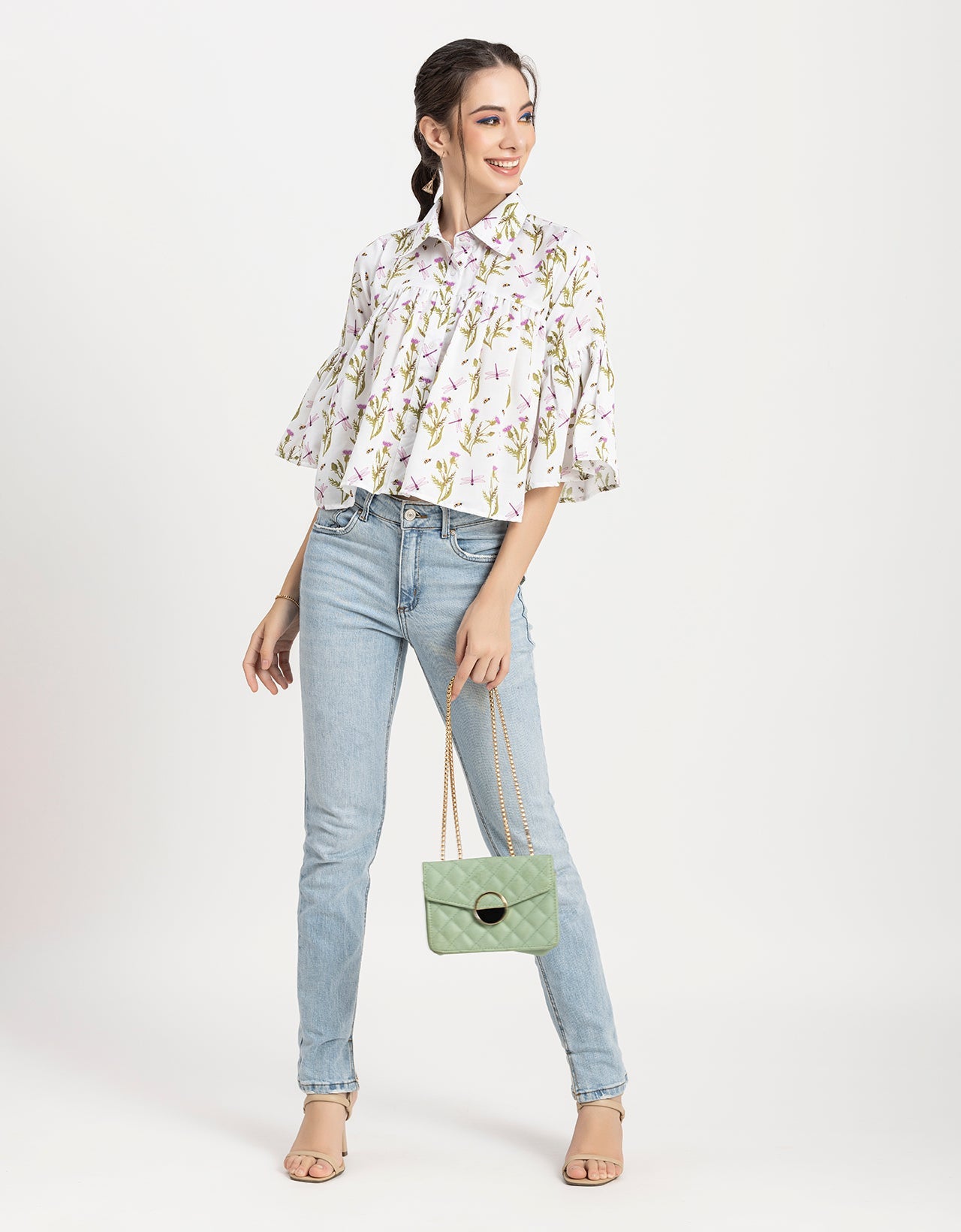 Printed Peplum Shirt, Bell Sleeve