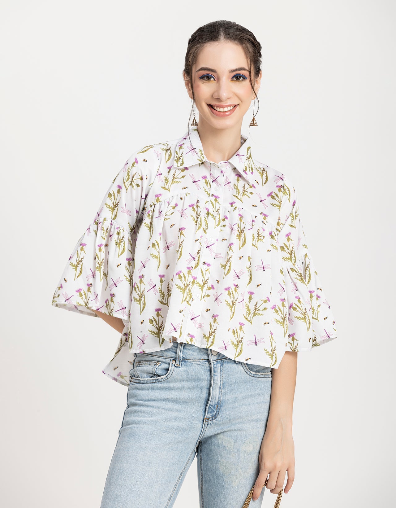 Printed Peplum Shirt, Bell Sleeve