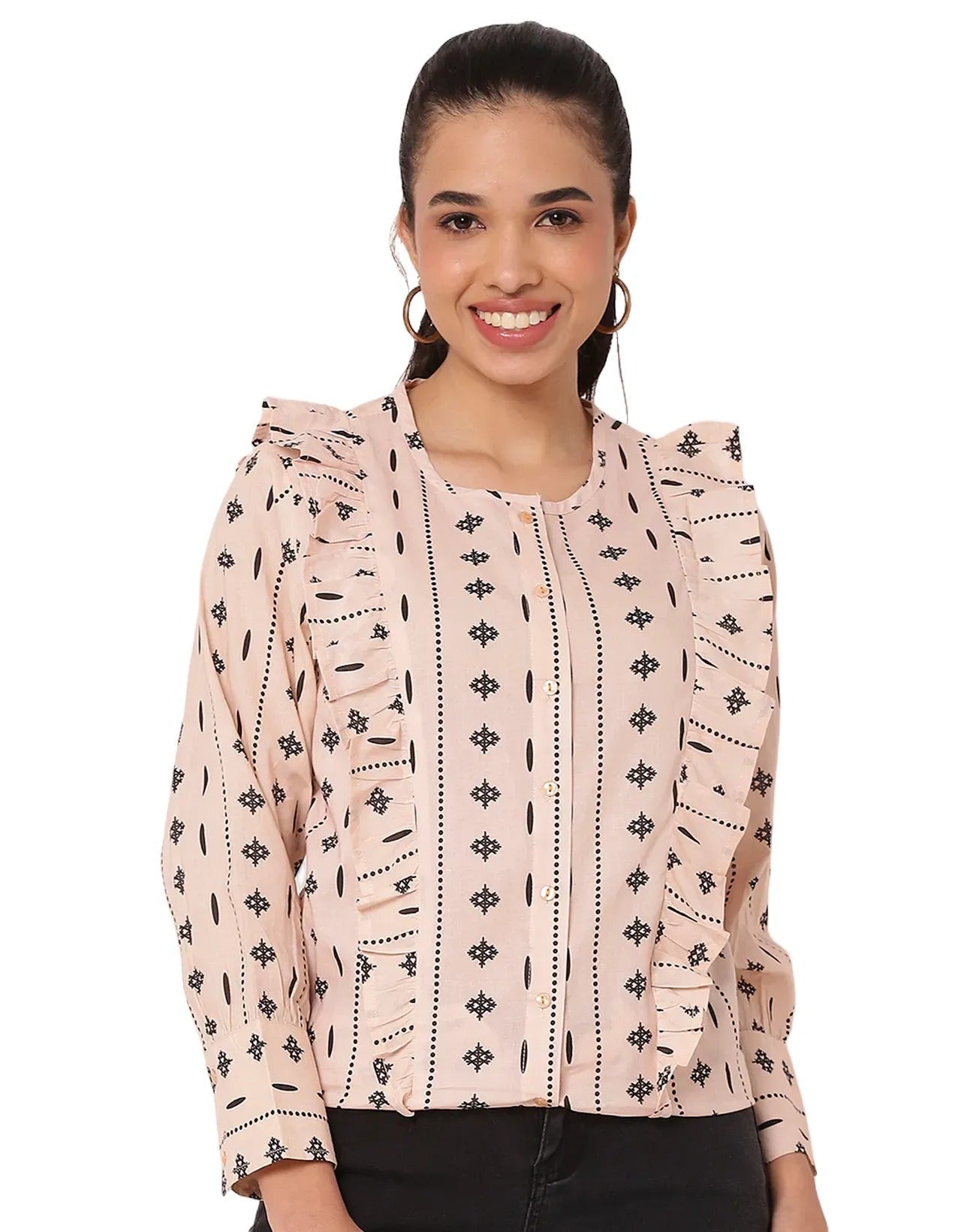 Chic Frill Summer Shirt For Women Round-Neck Shirt