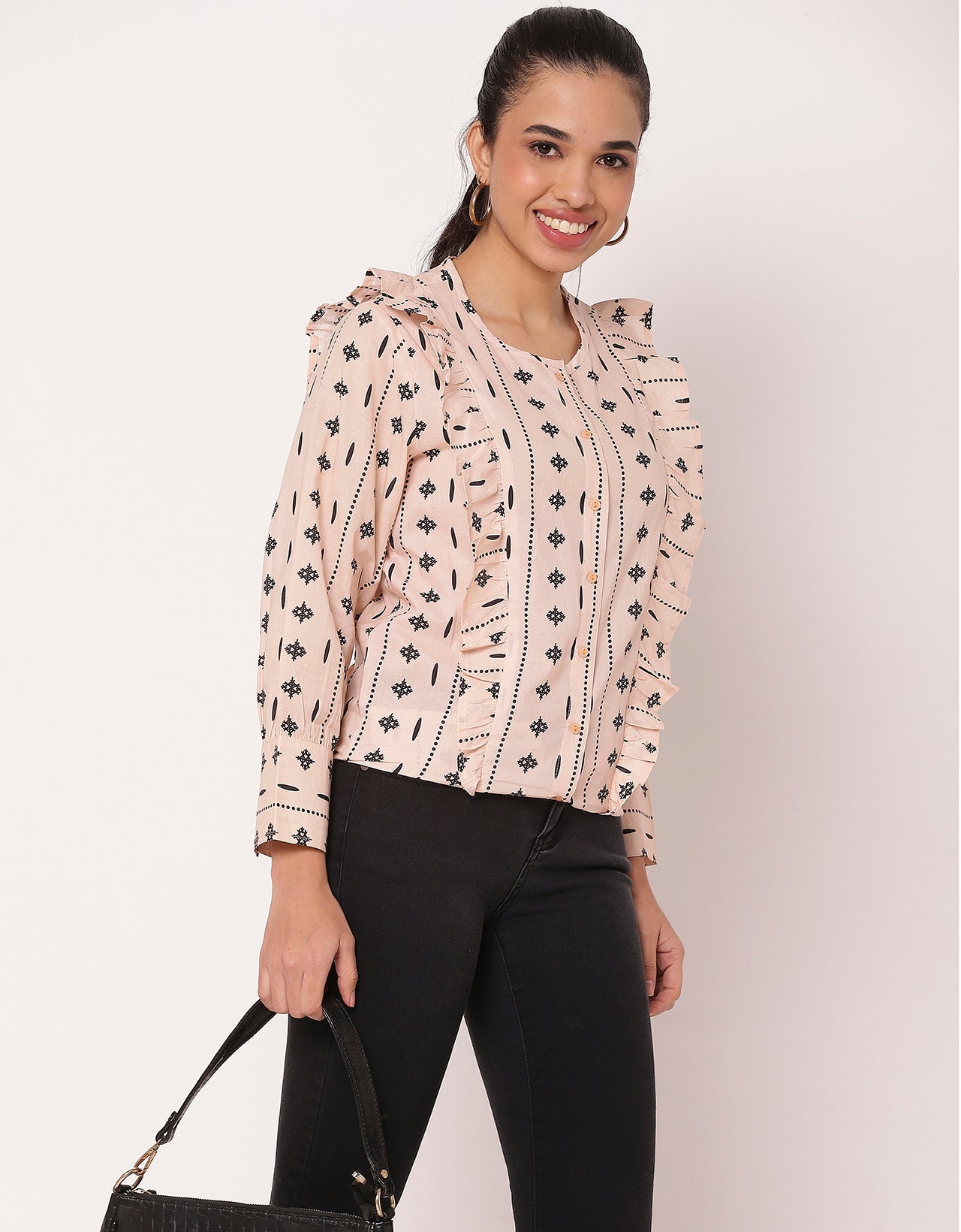 Chic Frill Summer Shirt For Women Round-Neck Shirt