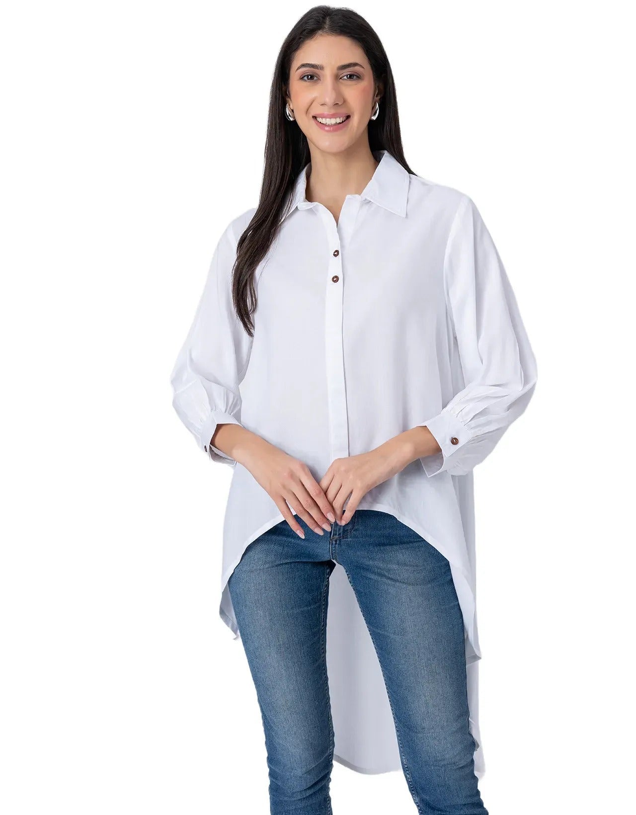 Asymmetrical Long Shirt Top,Classic Collar Casual Top