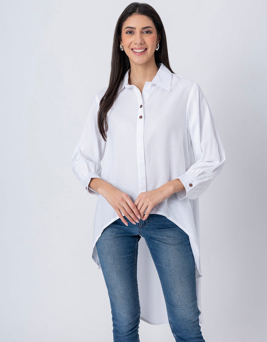 Asymmetrical Long Shirt Top,Classic Collar Casual Top